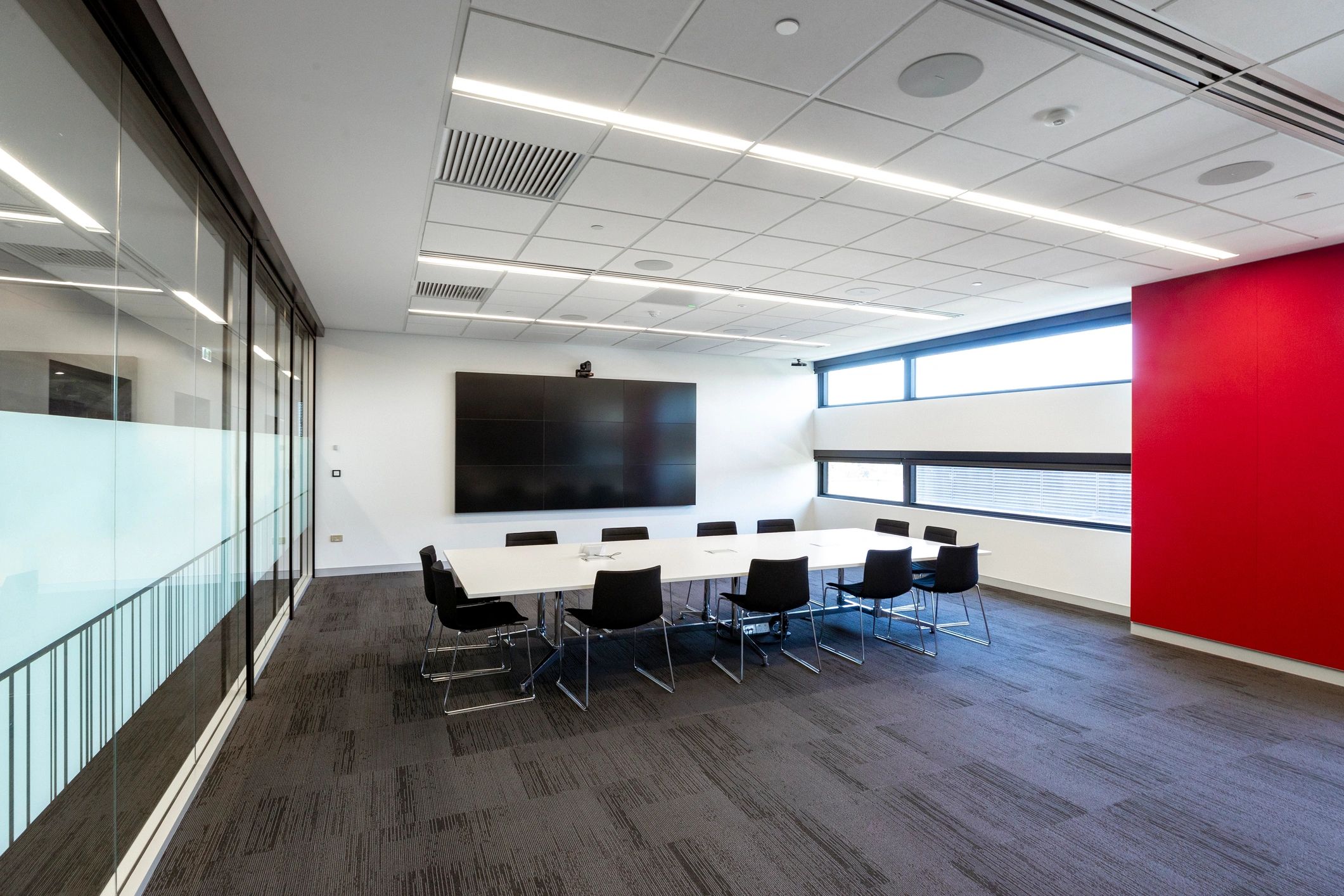 Interactive display wall in a modern technology space