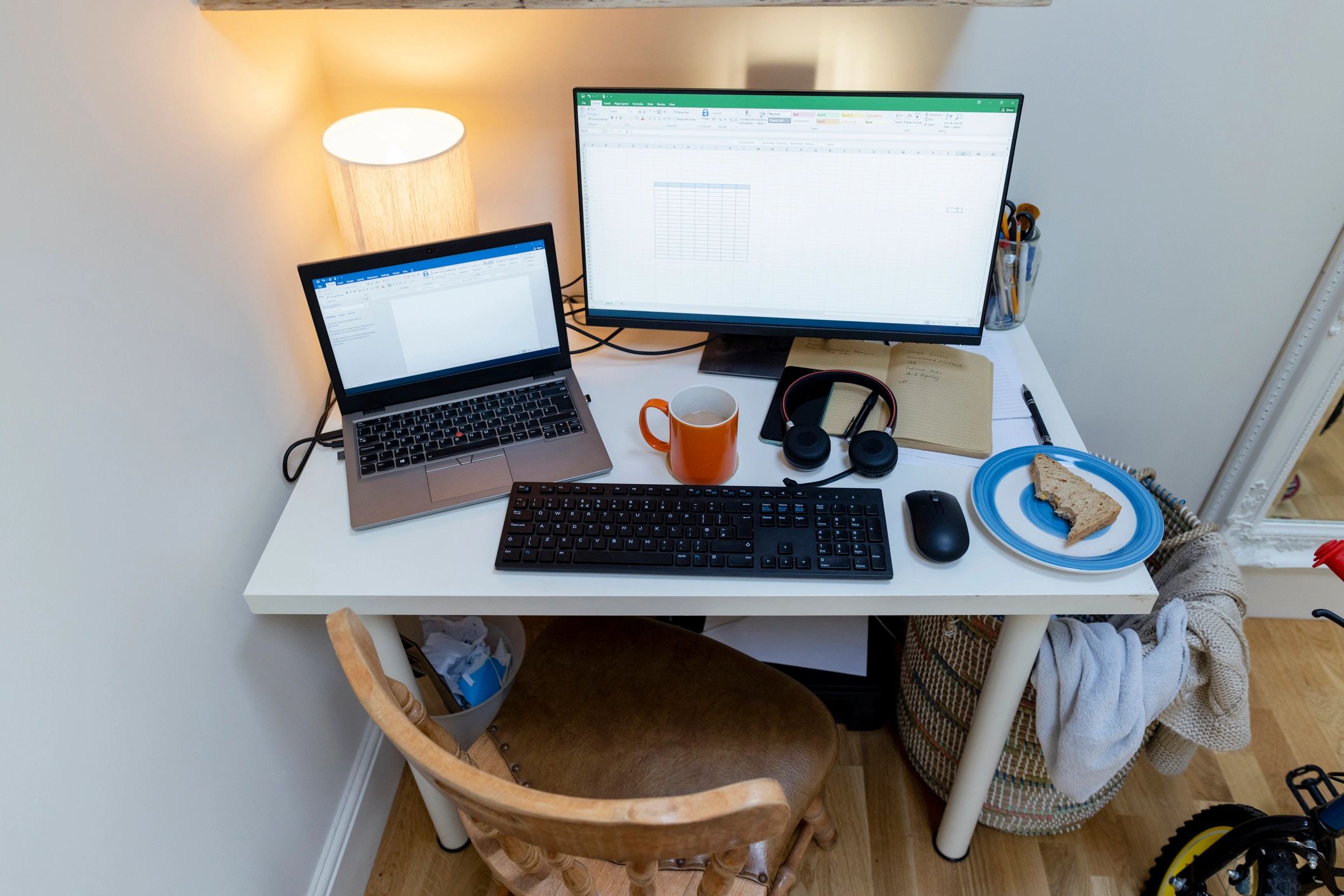 Home office desk with dual monitors